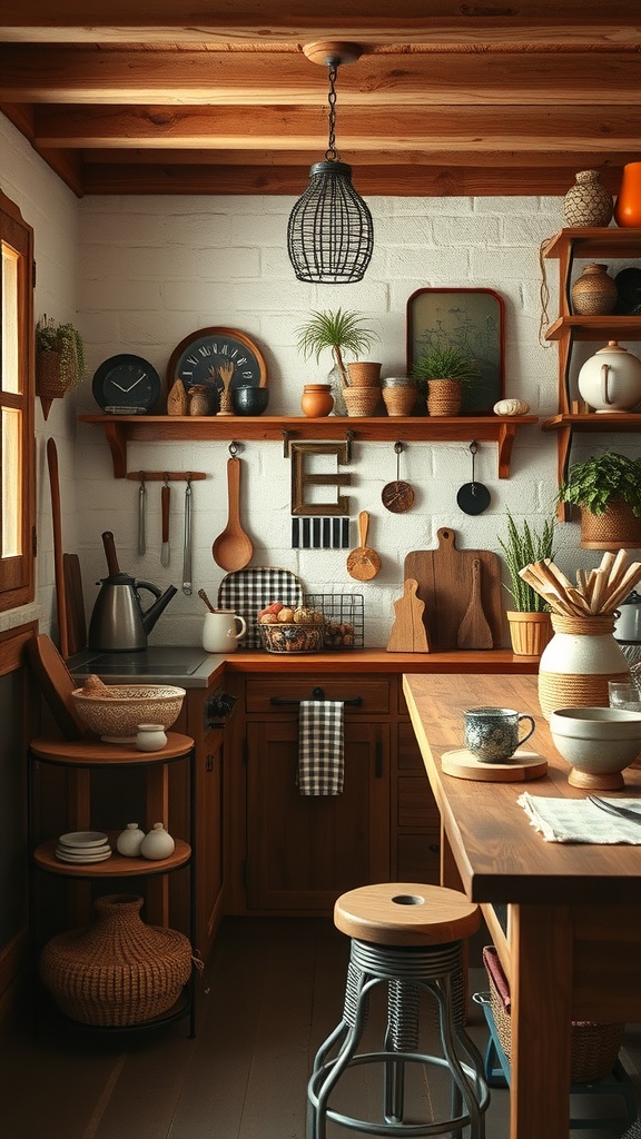 A cozy kitchen featuring rustic wood elements, handmade crafts, and plants.