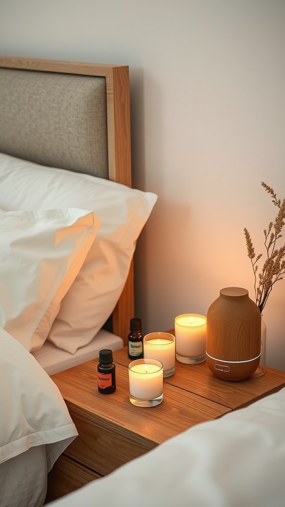A cozy bedside table with scented candles and essential oils, creating a warm atmosphere.