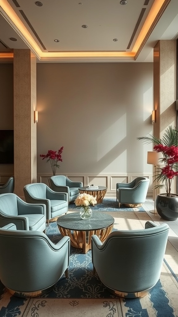 Stylish lounge area featuring sculptural furniture with blue chairs and a gold-accented coffee table.