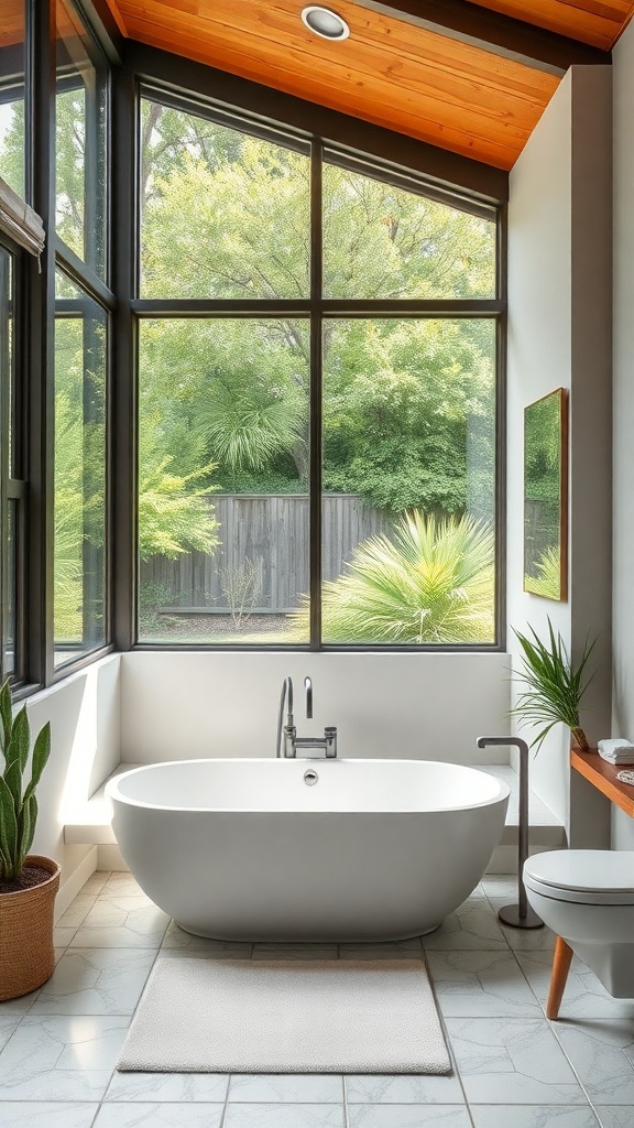A mid-century modern bathroom with large windows, a freestanding tub, and plants, showcasing an indoor-outdoor flow.