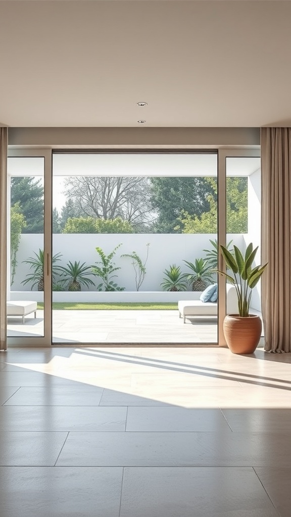 A spacious luxury room with large glass doors opening to a garden, featuring lounge chairs and greenery.