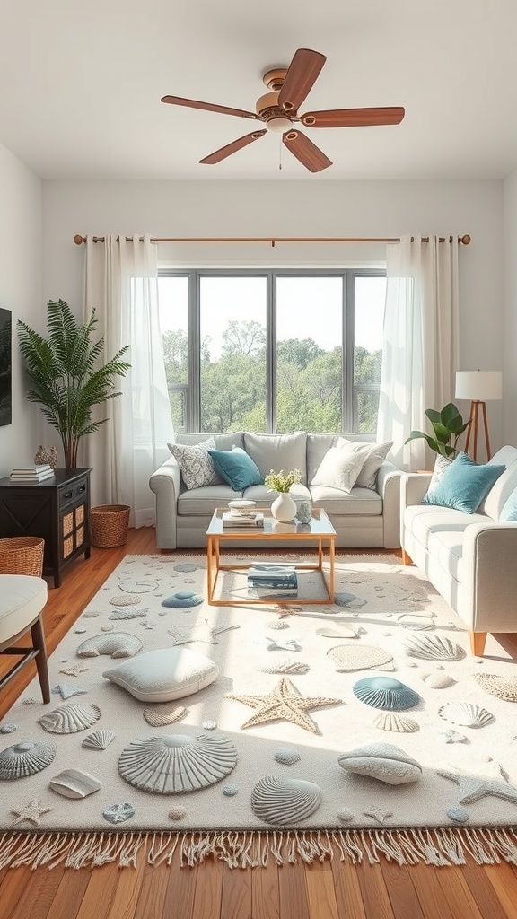 A cozy living room featuring a seashell-patterned rug, light furniture, and natural wood flooring.