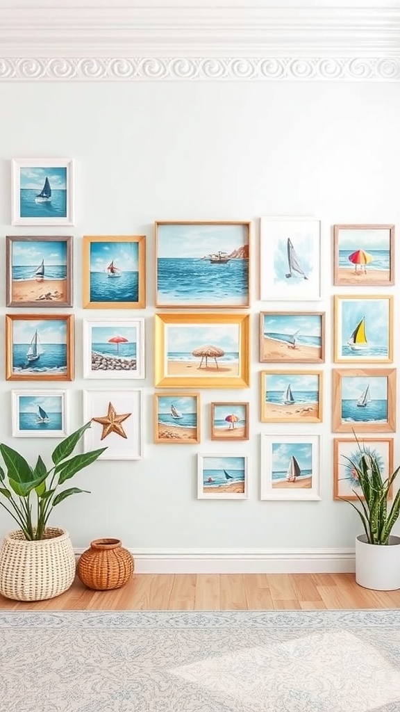 A gallery wall featuring seaside-themed artwork with various frames and indoor plants.