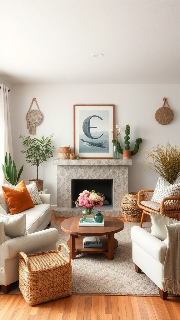 A cozy boho-inspired living room with plants, warm cushions, and a fireplace.
