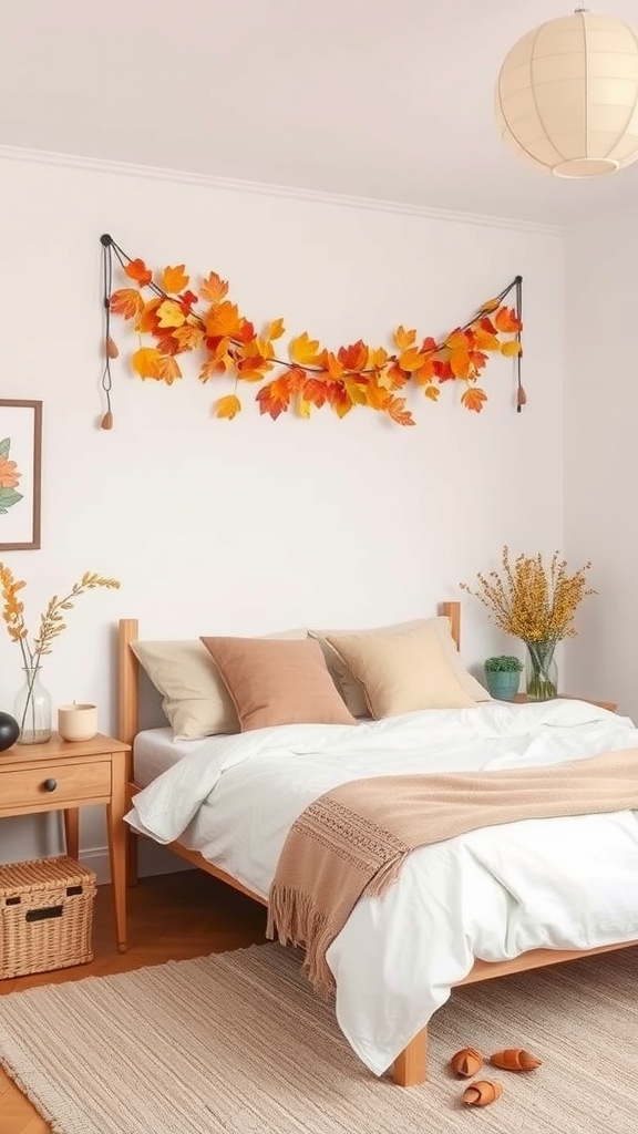Cozy bedroom with autumn decor featuring a garland of orange leaves, neutral pillows, and a warm throw blanket.