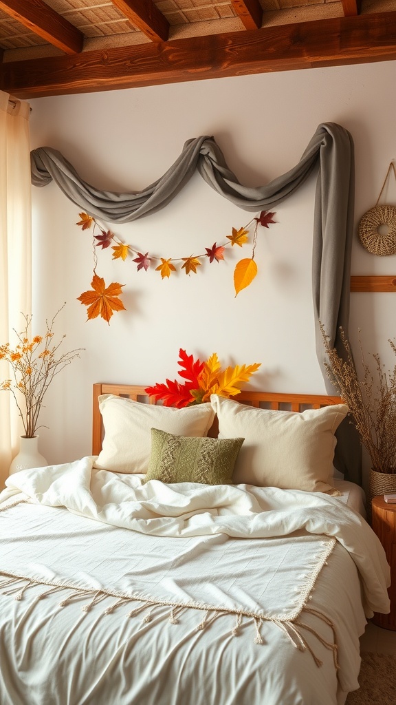 A cozy bedroom decorated with autumn leaves and soft fabrics.