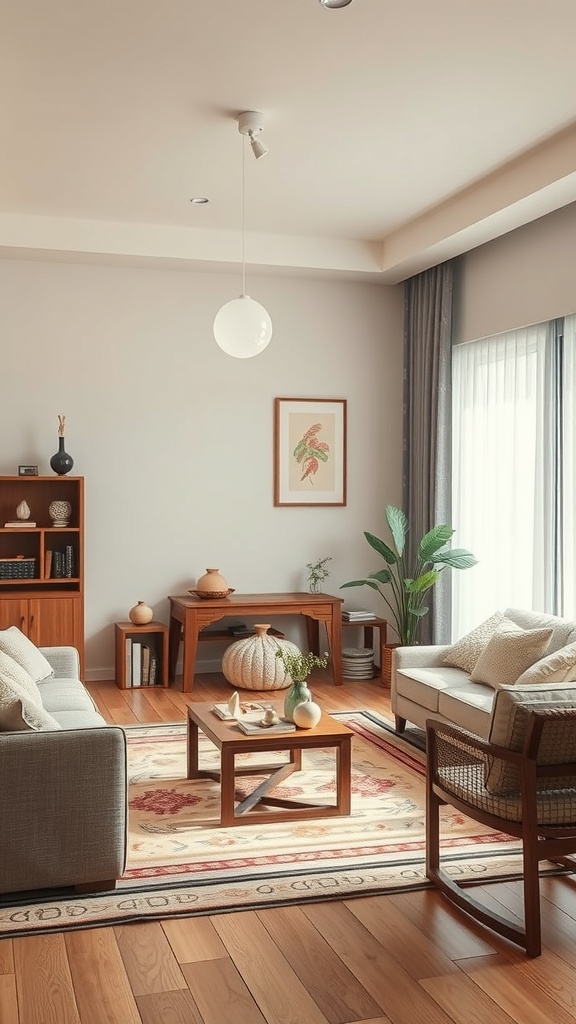 A cozy Japandi-style living room featuring wooden furniture, soft textiles, and a warm color palette.