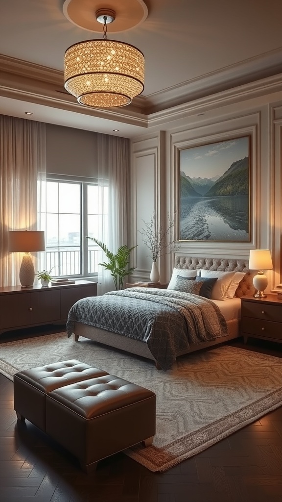 A modern luxury bedroom with serene color accents, featuring soft blues and warm neutrals.