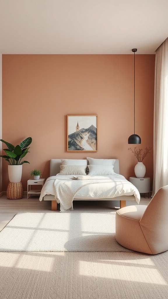 A serene bedroom featuring a monochrome palette with beige walls, a comfortable bed, and natural decor.