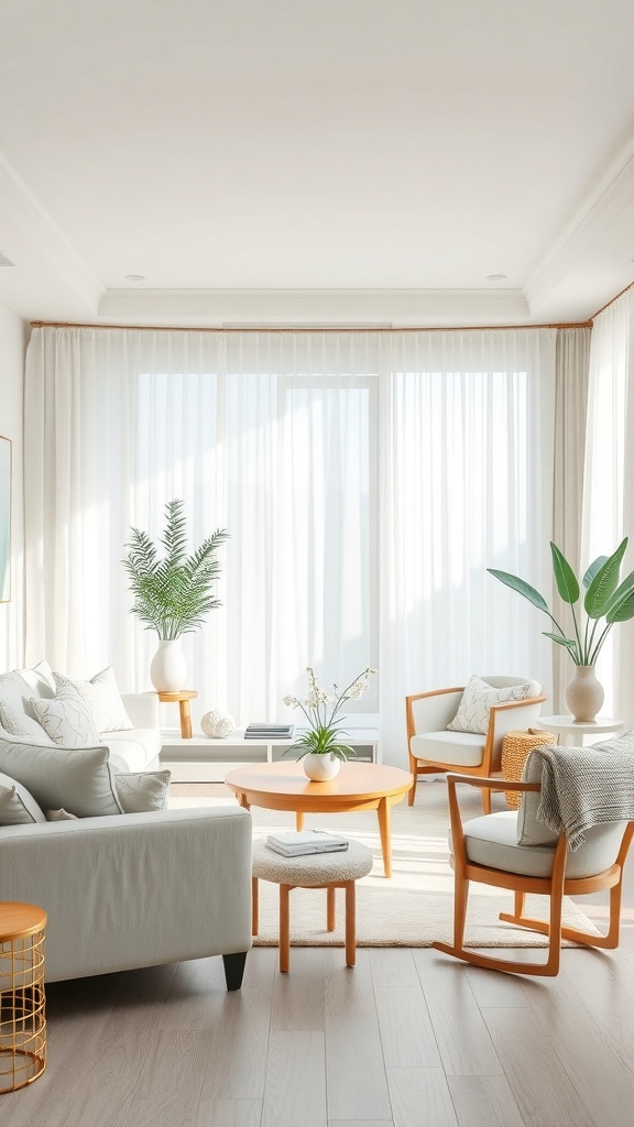 A serene living room with soft pastel hues, featuring large windows, comfortable seating, and indoor plants.