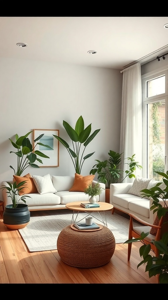 A serene living room with plants, neutral furniture, and natural light.