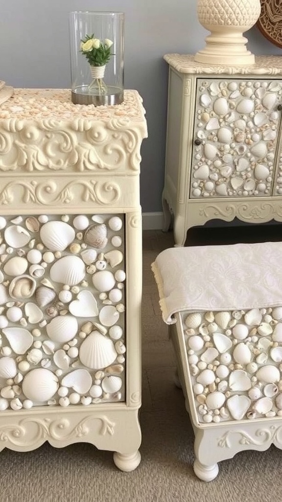 A beautifully crafted cabinet adorned with various shells, showcasing coastal decor.