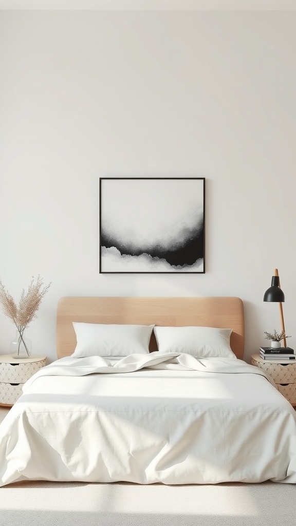 Minimalist bedroom with a simple black and white artwork above the bed.