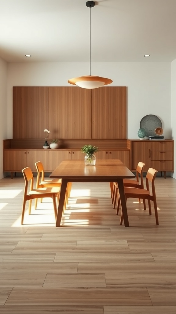 A simple dining space featuring a wooden table and chairs, with warm lighting and minimal decor.