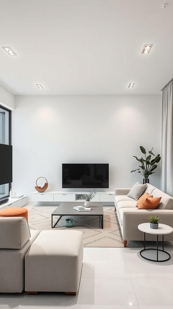 A sleek, modern living room featuring a large TV, minimalist furniture, and smart technology.
