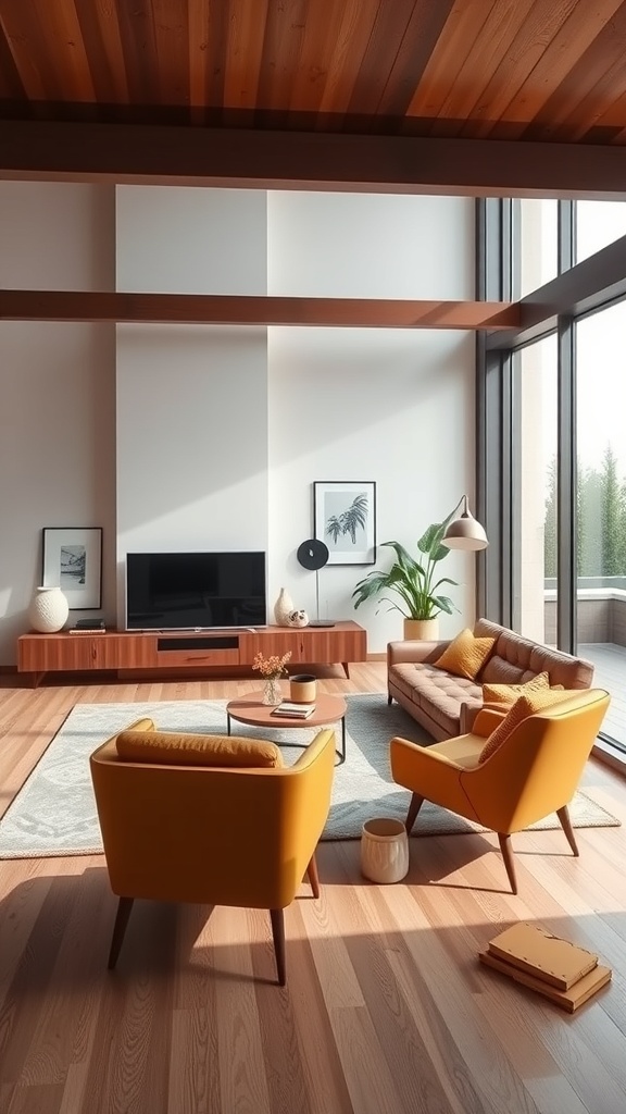 A mid-century modern living room featuring sleek lines, bold yellow chairs, and a warm wooden ceiling.