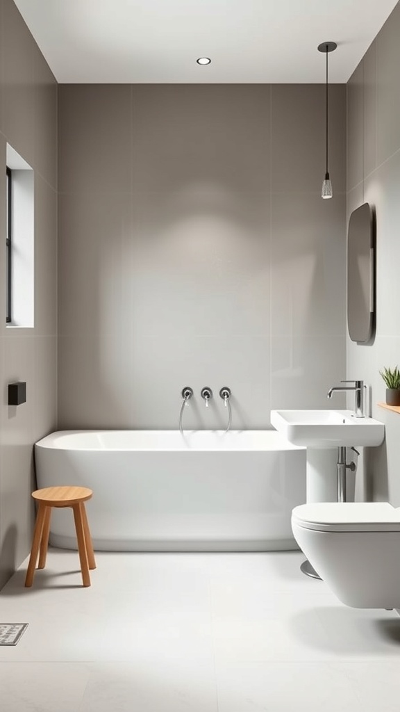 A minimalist mid-century modern bathroom featuring a sleek bathtub, simple sink, and wooden stool.