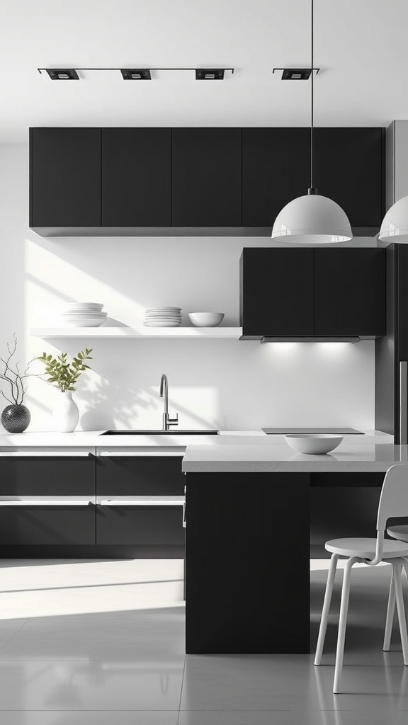 A sleek, modern kitchen with black cabinets, white countertops, and minimal decor.