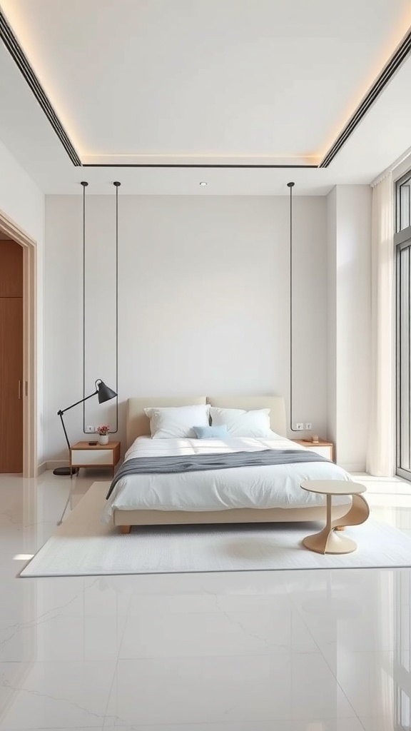 A modern luxury bedroom featuring a minimalist design with clean lines and a calming color palette.