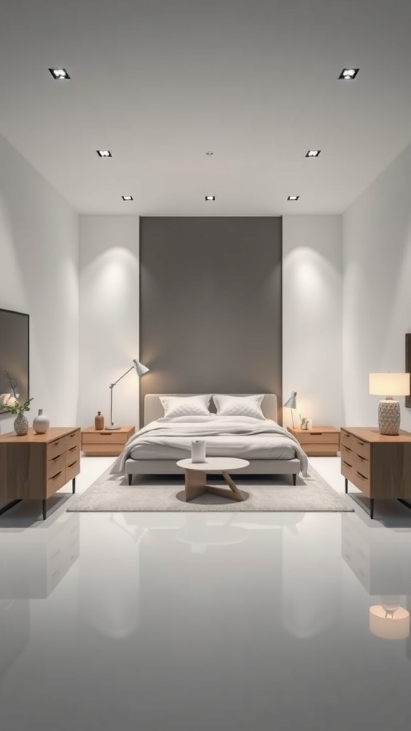 A modern bedroom featuring a minimalist design with neutral colors and sleek furniture.