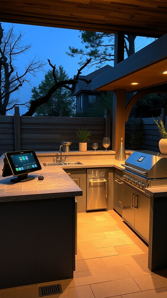 A sleek outdoor kitchen featuring smart technology and modern appliances.