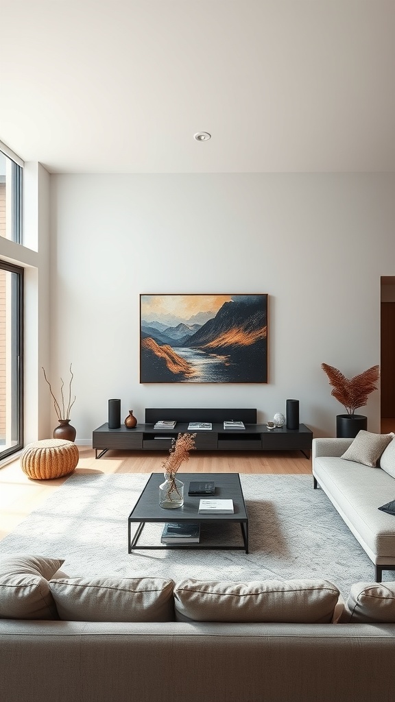 A sleek urban modern living room featuring large windows, neutral colors, and minimalistic furniture.