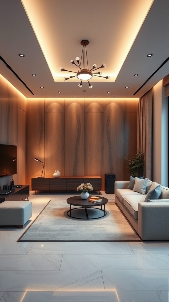 A modern living room with smart home technology, featuring stylish furniture and adjustable lighting.