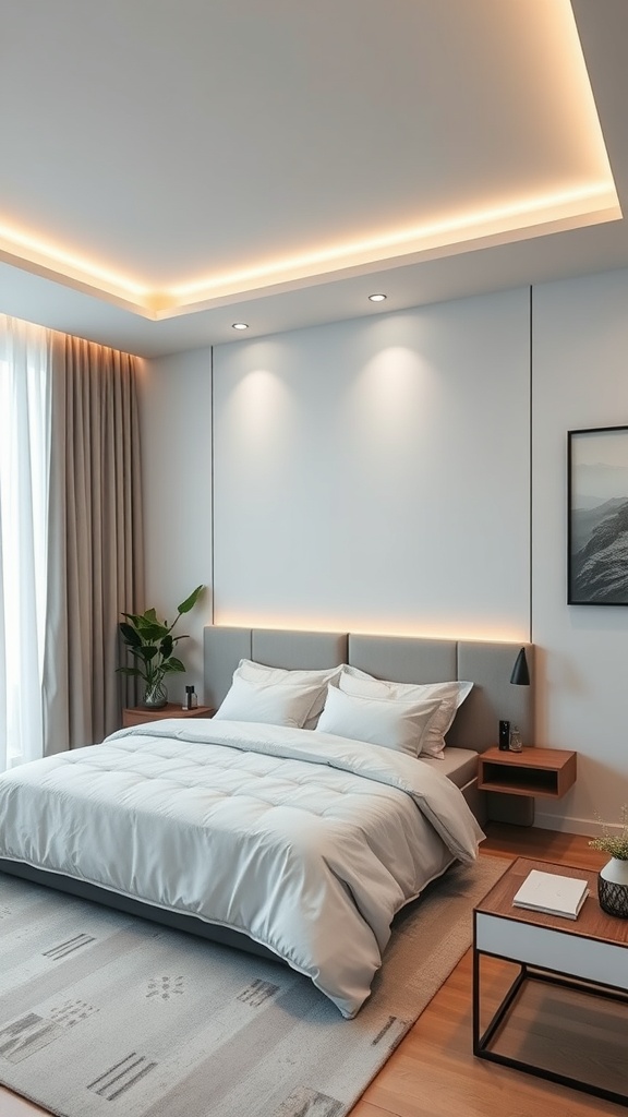 A modern bedroom featuring smart lighting and a cozy atmosphere.
