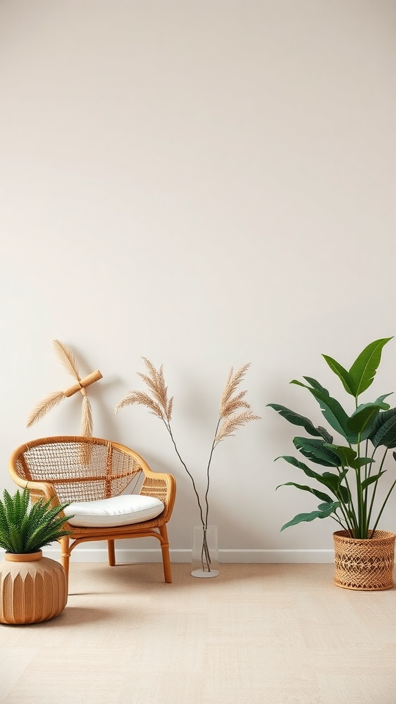 A cozy interior featuring a rattan chair, soft beige walls, and green plants, embodying a soft color palette.