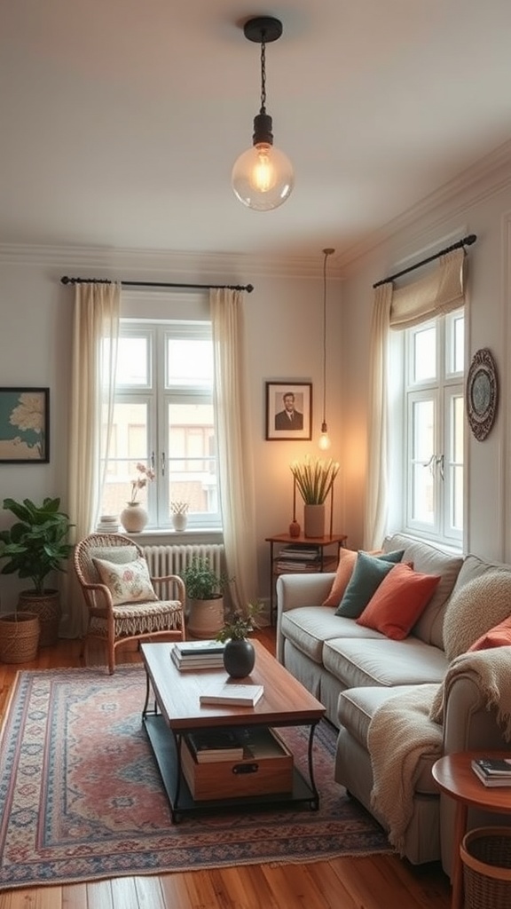 A cozy living room with soft lighting fixtures, featuring a pendant light and warm decor.