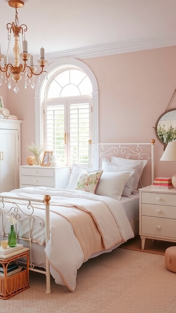 A serene bedroom with soft pastel colors, featuring a pink wall, white bedding, and elegant decor.