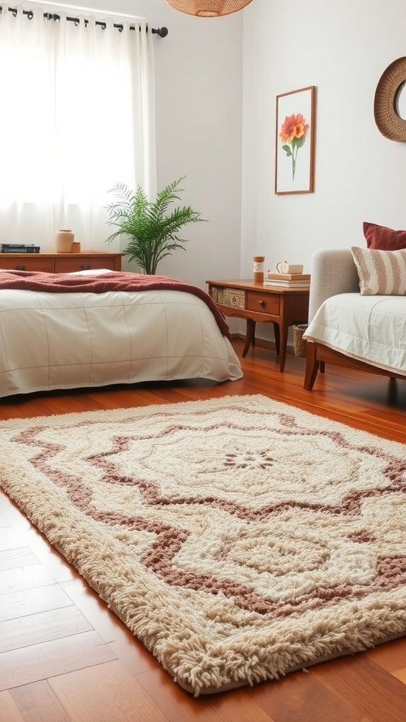 A cozy bedroom featuring a plush rug on wooden flooring, with a bed and a comfortable chair.