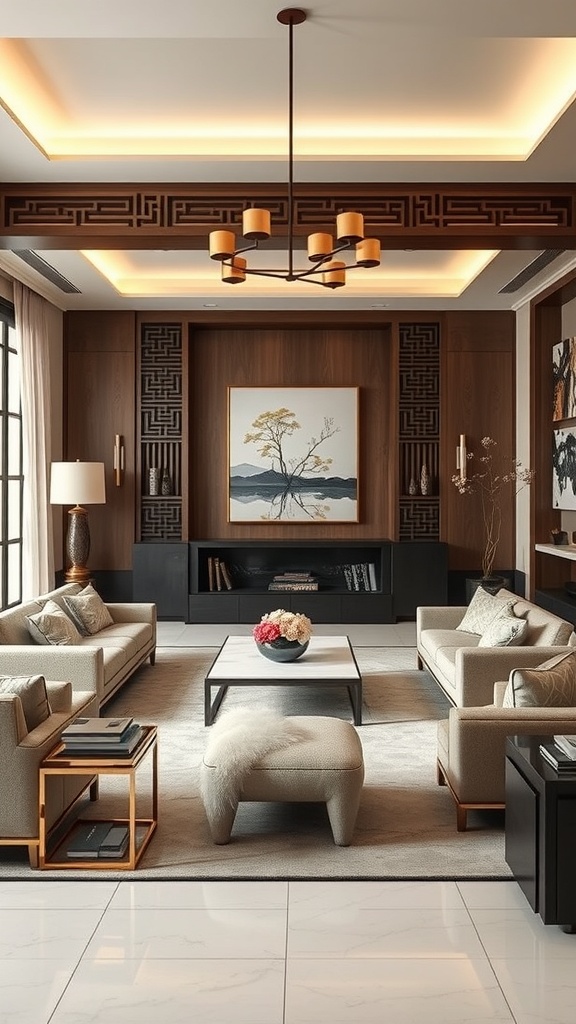 A sophisticated living room featuring modern furniture and Asian-inspired decor.