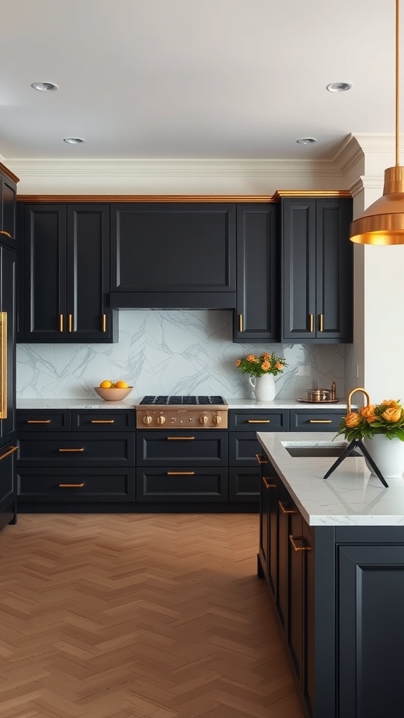A luxurious kitchen featuring black cabinets, gold accents, and a marble countertop.