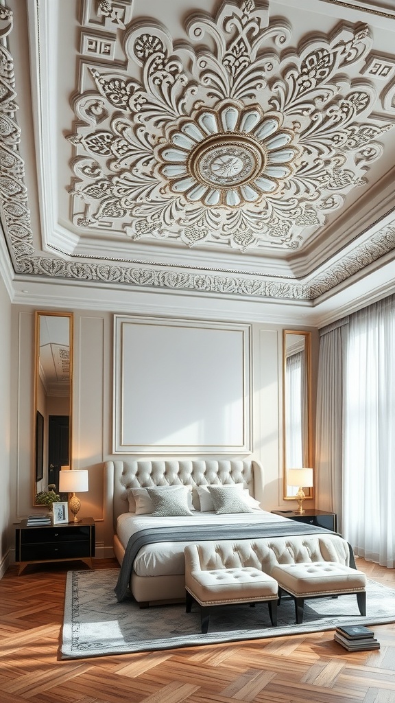 A modern luxury bedroom featuring an ornate ceiling design with floral patterns and a central clock.