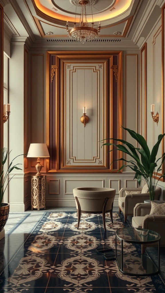 An elegant Art Deco interior featuring neutral walls, rich wood accents, intricate patterned flooring, and stylish furniture.
