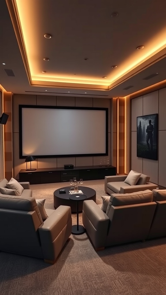 A sophisticated home theater with plush seating, warm lighting, and a large screen.