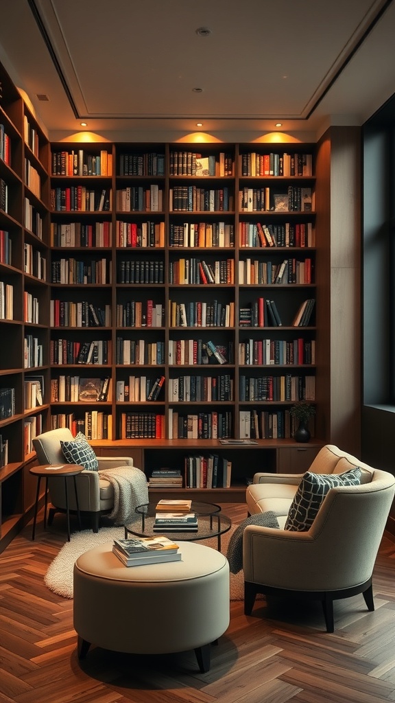 Cozy library nook with wooden shelves filled with books, plush chairs, and warm lighting.