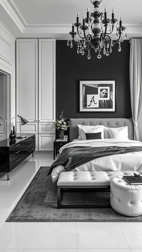 A sophisticated monochrome bedroom featuring a black and white color scheme with elegant decor.