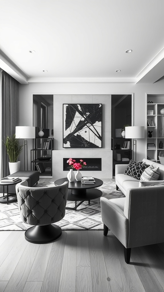 A stylish monochrome living room featuring black and white furniture, abstract art, and a cozy atmosphere.