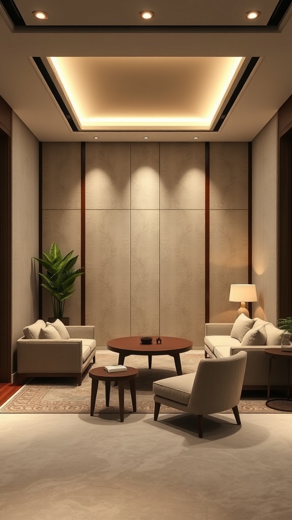 A luxurious soundproof room with elegant furniture, soft lighting, and a touch of greenery.