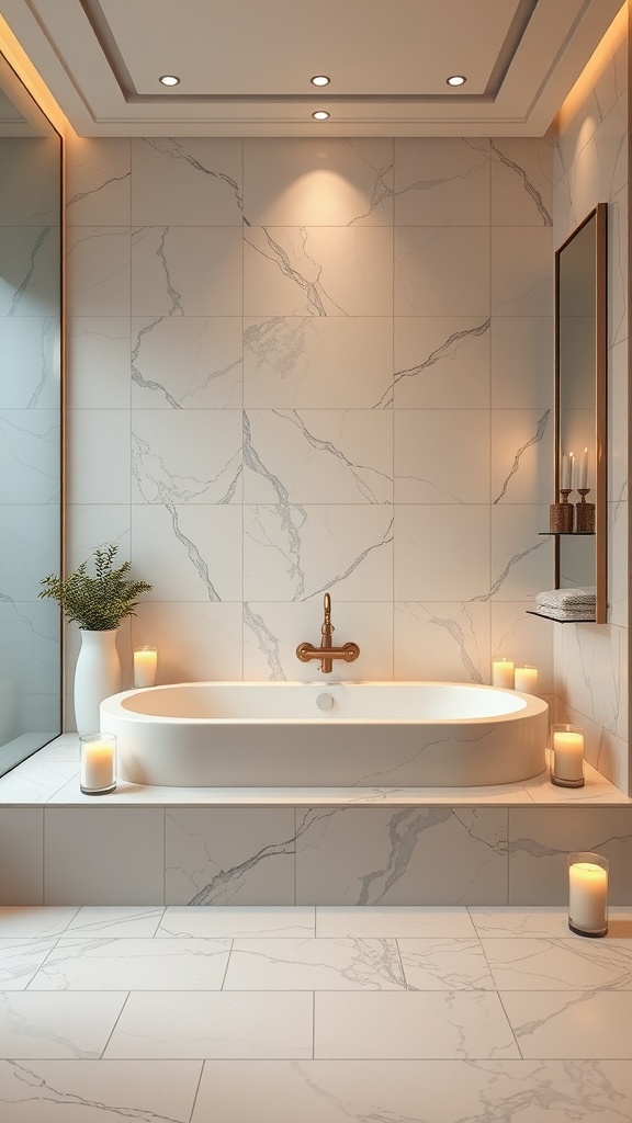 A luxurious spa-inspired bathroom featuring a marble bathtub, candles, and elegant decor.