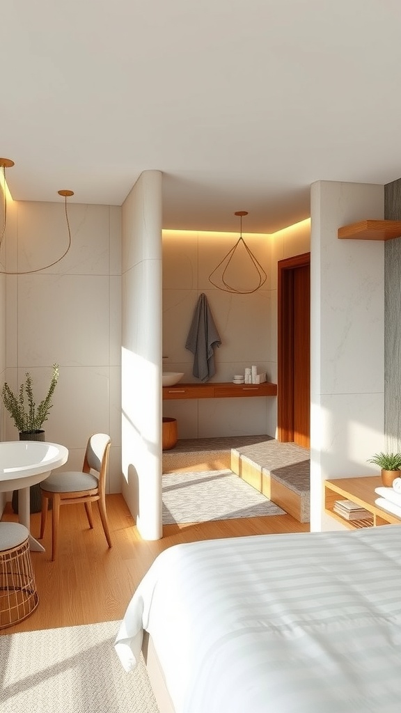 A modern luxury bedroom featuring a spa-inspired en-suite with soft lighting and natural materials.