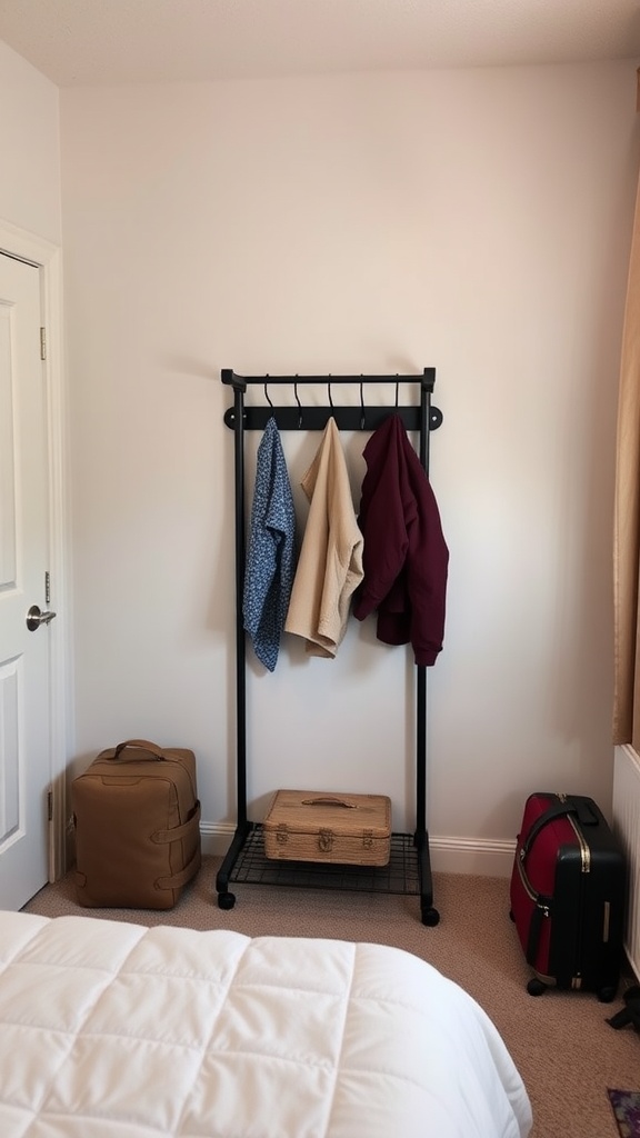 A guest bedroom with a luggage rack holding coats and bags neatly arranged on the floor.