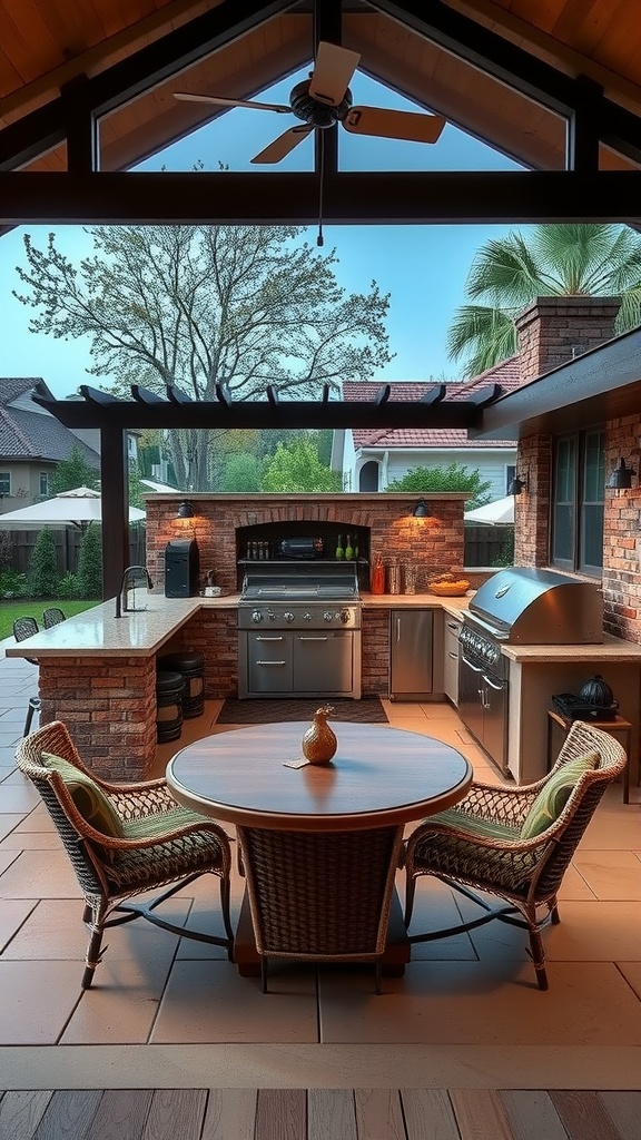Spacious outdoor kitchen with dining area and modern appliances.