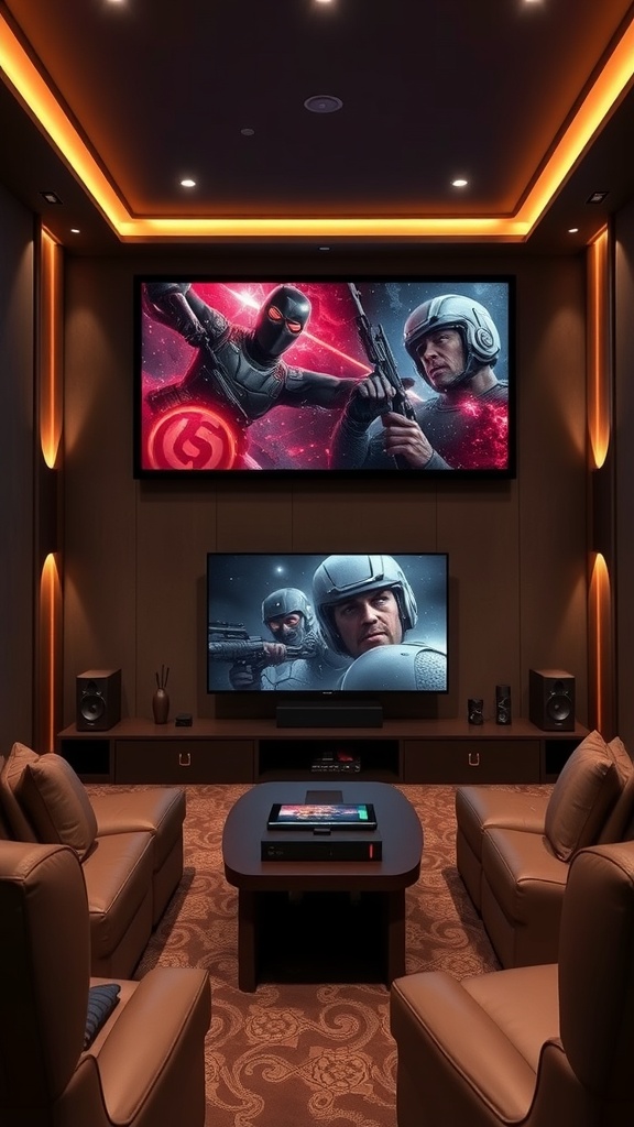 A luxurious entertainment room featuring two large screens, plush leather seating, and ambient lighting.