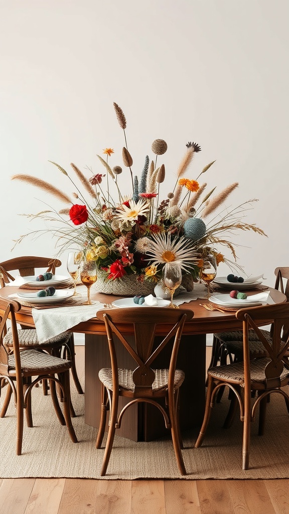A beautifully arranged boho dining table featuring a vibrant centerpiece of dried flowers and grasses.