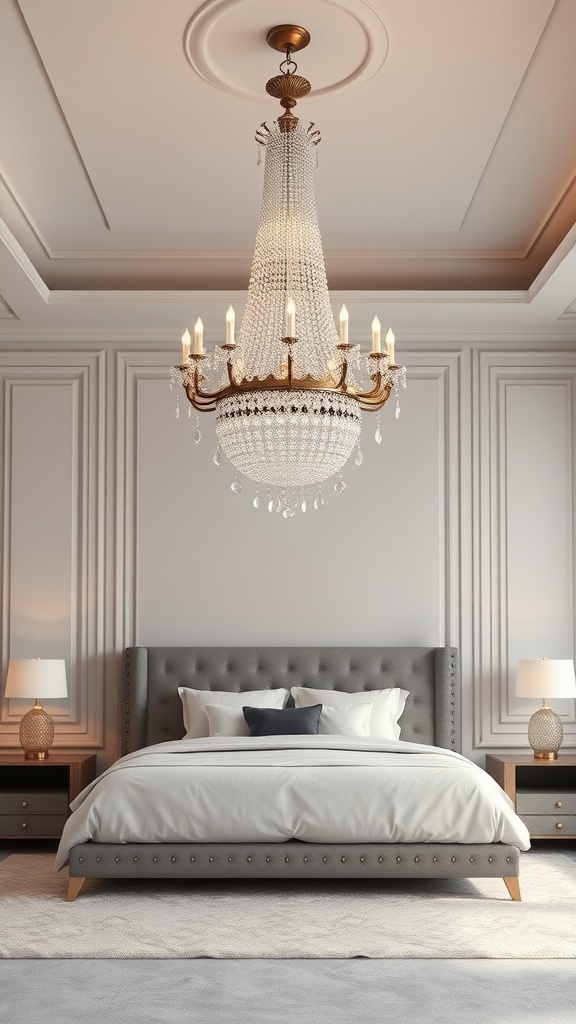 A luxurious bedroom featuring a beautiful chandelier and elegant decor.