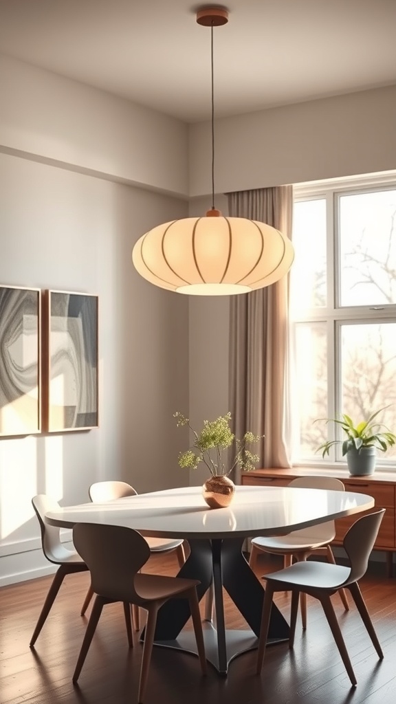 A mid-century modern dining room featuring a unique pendant light above a stylish table and chairs.