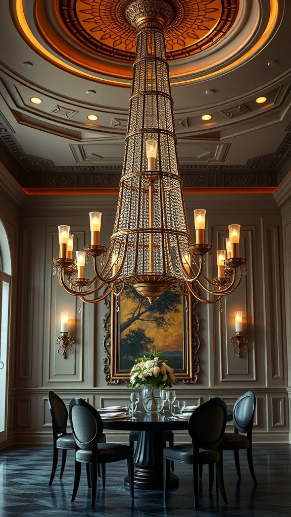 A tall, intricate chandelier in an elegant dining room with a round table and decorative wall art.